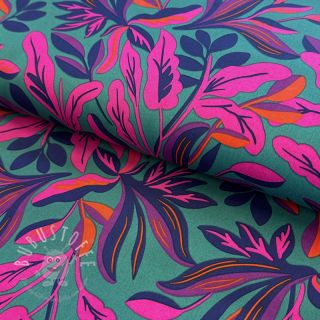 Baumwollstoff SATIN NERIDA HANSEN Lush leaves petrol digital print