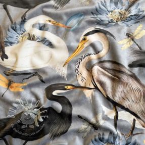 Dekostoff VELVET Heron bird steel grey