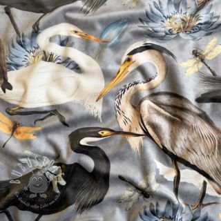 Dekostoff VELVET Heron bird steel grey