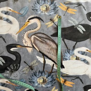 Dekostoff VELVET Heron bird steel grey