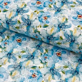 Baumwollstoff EMBROIDERY Peony roses blue digital print